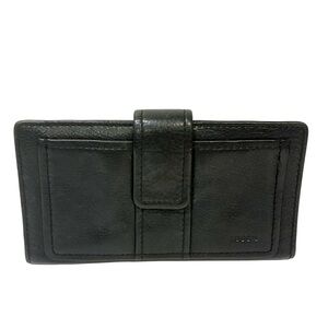 Fossil Black Leather Bi-Fold Checkbook Wallet ID Card Holder Change Purse Silver
